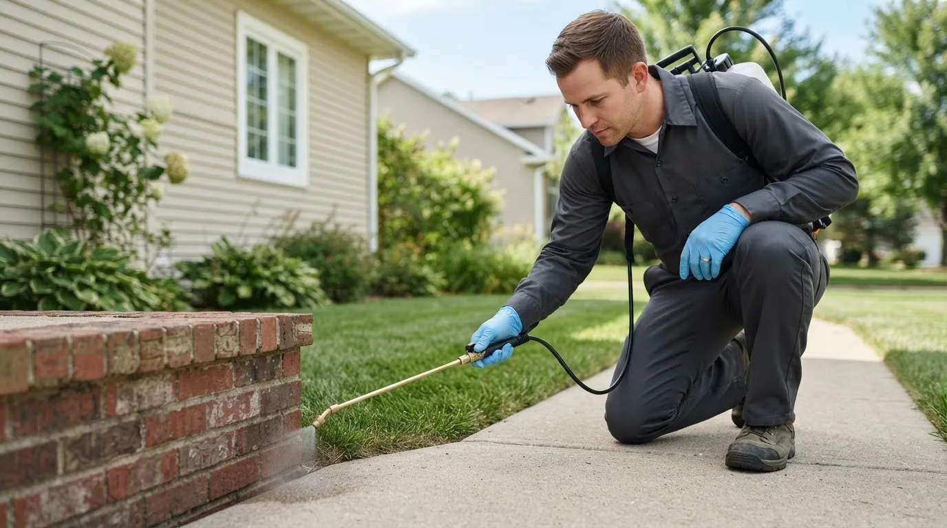 Pest control technician treating a home near Clarksburg, MO